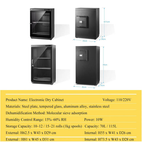Workhorse Grade 3D Printer Filament Storage Cabinet With Huge 115 Liter Space, featuring steel and glass, with various shelf configurations.
