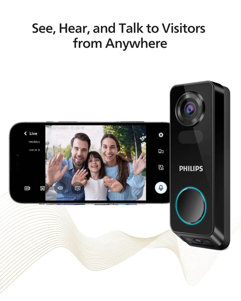 Dual Camera 2K HDR WiFi Video Doorbell With No Monthly Fees And Local Storage, Battery Or Wired Powered, shown with smartphone app
