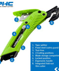 Heavy Duty Box Cutter Utility Knife With Tape Splitter And Film Cutter, 3-Position Retractable Blade in green close-up view