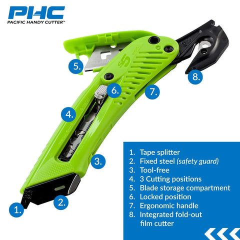 Heavy Duty Box Cutter Utility Knife With Tape Splitter And Film Cutter, 3-Position Retractable Blade in green close-up view