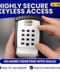 Hands operating Easy Access Key Storage Wall Mount Lock Box In Black With Push Button Entry for secure and keyless access.