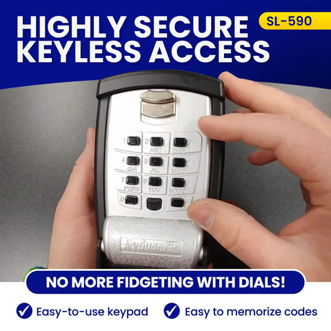 Hands operating Easy Access Key Storage Wall Mount Lock Box In Black With Push Button Entry for secure and keyless access.