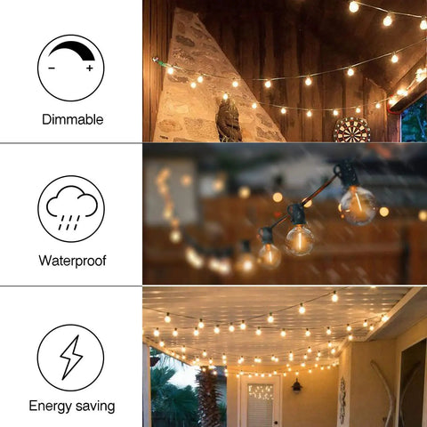 2 Pack 100ft Outdoor String Lights With G40 Shatterproof LED Bulbs, Dimmable, Waterproof, hanging in cozy patio setting