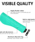 Grippy Ergonomic Bike Grips For BMX And Scooters, cyan handlebar grip with soft rubber, visible quality features and aluminum lock ring.