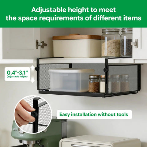 Under Desk Organizer With Heavy Duty C Clamp, Adjustable Height Keyboard And Mouse Shelf installed under kitchen shelf.