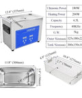 4.5L Ultrasonic Cleaner For Home Jewelry Dentures Glasses And Contacts Crushes Stubborn Grime With Quiet Bubble Power Nifty Washing Tool with dimensions and steel tank.