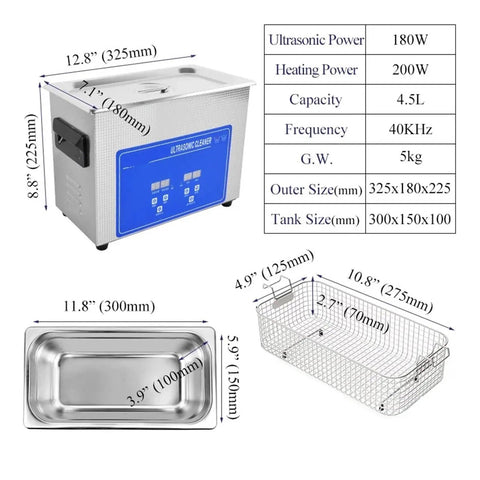 4.5L Ultrasonic Cleaner For Home Jewelry Dentures Glasses And Contacts Crushes Stubborn Grime With Quiet Bubble Power Nifty Washing Tool with dimensions and steel tank.