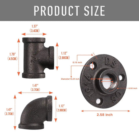 Half Inch Pipe Fitting Kit 30 Pack Gray Floor Flanges Elbows And Tees For Industrial Vintage Style DIY Furniture Shelving Decor With Threaded Holes And Durable Heavy Duty Construction size chart