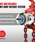 Red manual lever chain hoist with dual-pawl brake, steel chain, 3-ton capacity, and 360° swivel hooks