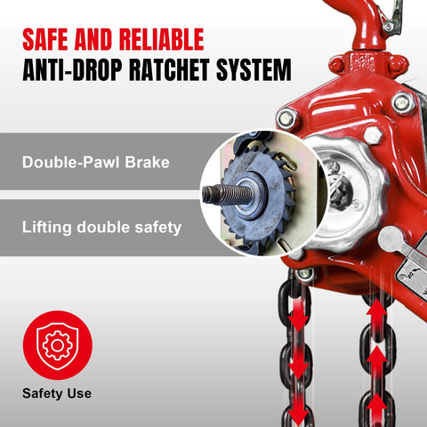 Red manual lever chain hoist with dual-pawl brake, steel chain, 3-ton capacity, and 360° swivel hooks