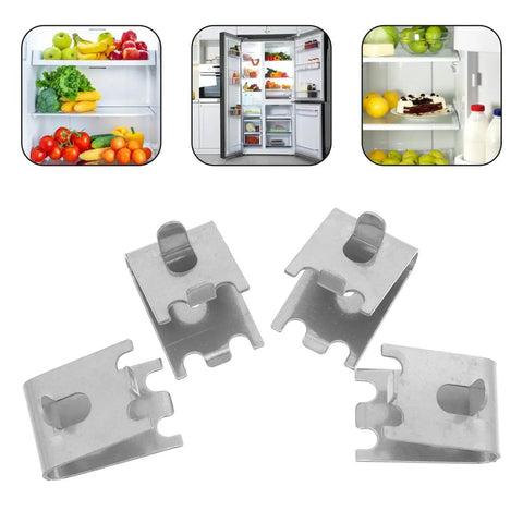 Sturdy Stainless Steel Refrigerator Shelf Clips 4 Pack with Adjustable Supports, Arc Shaped Dovetail Design on display