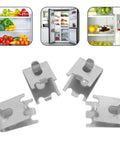 Stainless Steel Refrigerator Shelf Clips With Adjustable Arc Shaped Dovetail Design 4 Pack displayed with food storage examples