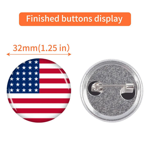 Finished 32mm round badge with American flag design and metal back for 500 Sets Blank Metal Button Making Supplies Badge Parts.
