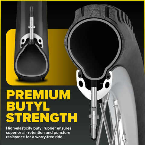 Cross-section of Heavy Duty 26 Inch Bike Inner Tube Set of 2 with Presta Valve, puncture resistant rubber, for various terrains.