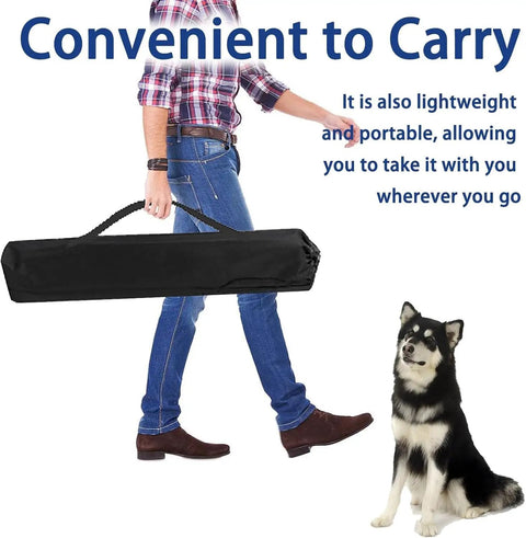 Person carrying Ultimate Dog Agility Training Set With Tunnel And Obstacles Pro Grade Adjustable Jump Bars in black carry bag, with dog