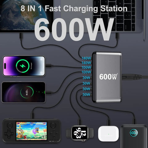 600W USB C Charger Hub With 8 Ports Fast Charge Station GaN PPS PD 140W 100W Power Adapter charging multiple devices