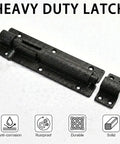 2 Piece Heavy Duty T Strap Hinge And Slide Smooth Barn Door Hardware Kit With Wide Sliding Latch For Courtyard Gates And Fences Matte Black Finish, close-up of latch with anti-corrosion feature.