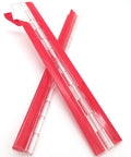 Front view of two red 300mm transparent acrylic piano hinges with clear hinge links