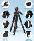 Beefy Heavy Duty Aluminum Camera Tripod With 19 To 75 Inch Extendable Height, showing features like quick release plate and hand crank.