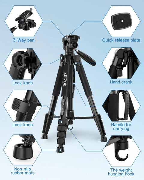Beefy Heavy Duty Aluminum Camera Tripod With 19 To 75 Inch Extendable Height, showing features like quick release plate and hand crank.