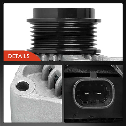 Close-up of Alternator For Chevy Silverado 1500 2014 To 2019 And Silverado 2500HD 3500HD 4500HD 5500HD 6500HD Tahoe Express Suburban GMC Sierra 1500 Limited Yukon XL 12V 150A Six Groove Pulley CW showing pulley, bolt hole, and connector