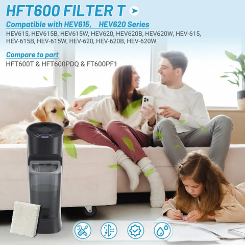 Family room setting with Honeywell HFT600 humidifier and pet, promoting 4 Pack Humidifier Wicking Filters T for HFT600 Series.