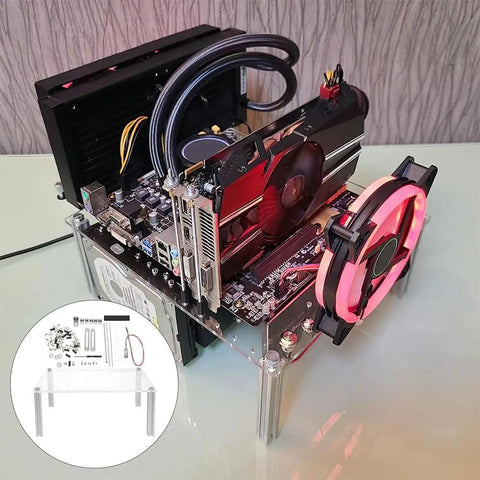 Open Air PC Case Bracket For Micro ATX Motherboards Open Frame Rig Stand Compact Chassis with visible components and clear design.