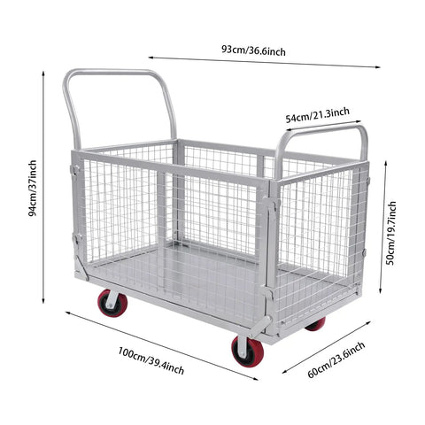 4 In 1 Beefy Heavy Duty Platform Cart With Cage 40 By 24 Inches 440 Lb Capacity Foldable Steel Hand Cart With 5 Inch Swivel Casters Detachable Mesh Push Dolly For Garage Storage And Shop Organization, dimensions shown