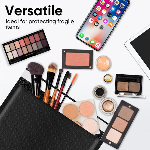 Black Bubble Mailers 8.5 By 12 Inches, 100 Pack, Usable 8.25x12 Size, shown with cosmetics and phone inside for parcel protection.