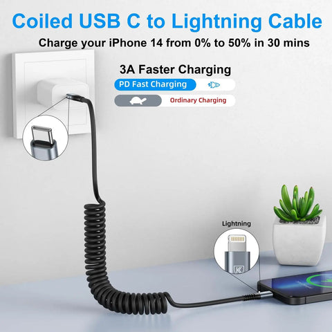 Coiled USB C to Lightning Cable 3Ft 2 Pack for Car Fast Charging connected to iPhone and wall socket, tangle-free retractable cord