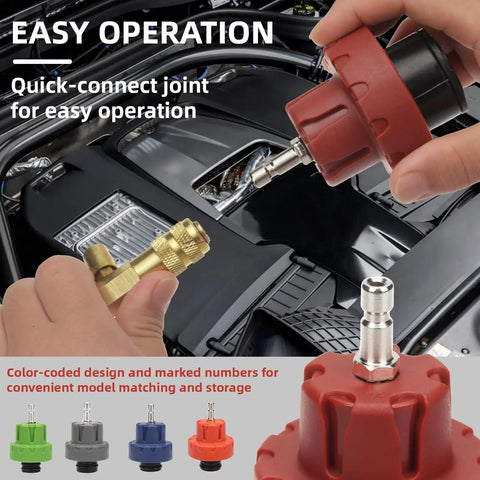 Drop Dead Easy Coolant Vacuum Refill Kit With 34 Pieces And 25 Radiator Adapters showing quick-connect joint for convenient operation.