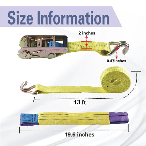Beefy Heavy Duty Ratchet Tie Downs Straps with Double J Hook 2 Inch Wide by 13 Ft Long 10,000 Lbs Break Strength Size Details