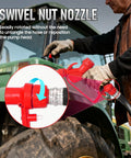 Person using Beefy Electric Drum Pump with 120V AC and 12V DC Power swivel nut nozzle on a tractor