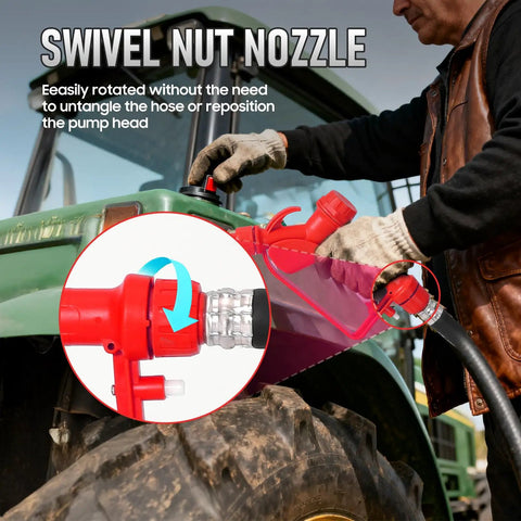 Person using Beefy Electric Drum Pump with 120V AC and 12V DC Power swivel nut nozzle on a tractor