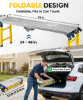 Heavy Duty Foldable Work Platform And Rolling Welding Station With Rock Solid 1200 Pound Capacity Adjusts 29 To 48 Inches High, shown folded to fit in car trunk.