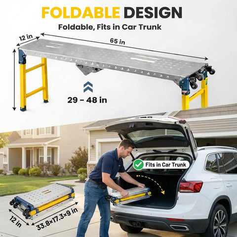 Heavy Duty Foldable Work Platform And Rolling Welding Station With Rock Solid 1200 Pound Capacity Adjusts 29 To 48 Inches High, shown folded to fit in car trunk.