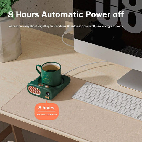 Keep Your Favorite Brew Piping Hot Desk Mug Warmer With Three Cozy Heat Levels And Gentle Glow Indicator For Home Office Coffee Cup Beverage Heater Continuously Locking In Ideal Sipping Temperatures Evergreen on a desk with coffee mug.