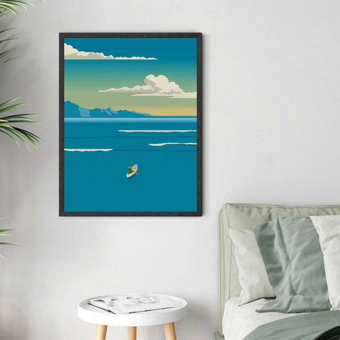 Framed Ocean Rowing Poster Canvas Print Art on wall, modern minimalist wall decor in living room, retro framed 16x24 ready to hang