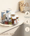Three Pack Lazy Susan Turntable Organizer For Kitchen Storage Rotating Spice Rack Clear Acrylic with spices on countertop