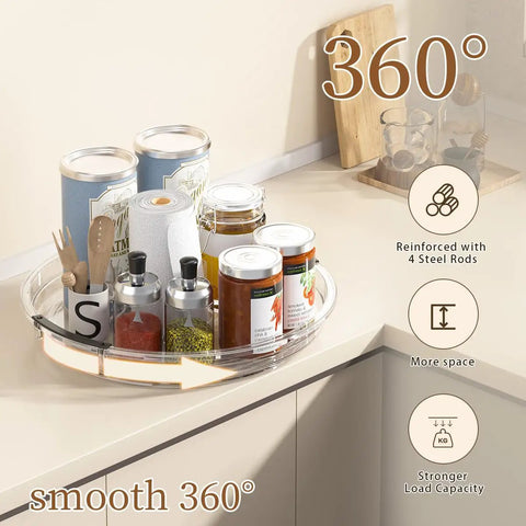 Three Pack Lazy Susan Turntable Organizer For Kitchen Storage Rotating Spice Rack Clear Acrylic with spices on countertop