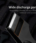 Close-up of Boss Grade Oblong Leather Belt Hole Puncher showing wide discharge port for smooth leather punching, 5x20mm, stainless steel.