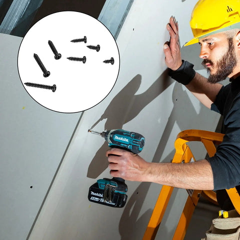 Worker using M3 Self Tapping Wood Screws Set, Zinc Plated Carbon Steel Pan Head Phillips Screws for installing drywall