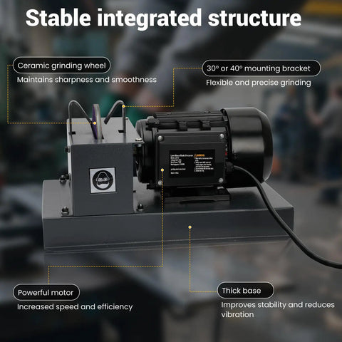 Badass Heavy Duty Lawn Mower Blade Sharpener With Nine Inch Grinding Disc And One Horsepower Motor showing ceramic grinding wheel and powerful motor.