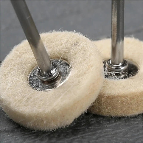 Pro Grade Wool Felt Polishing Wheel Kit 60 Pcs 25mm Buffing Wheels close-up with 3mm shank metal and plastic finishing