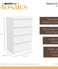 Slick White Modular Storage Organizer Kit With Adjustable Hanging Rods Roomy Shoe Cubbies Four Stackable Drawers Three Tier Shelving And Secure Door Cabinet For Hassle Free Home Organization, featuring a white drawer unit with four spacious drawers.