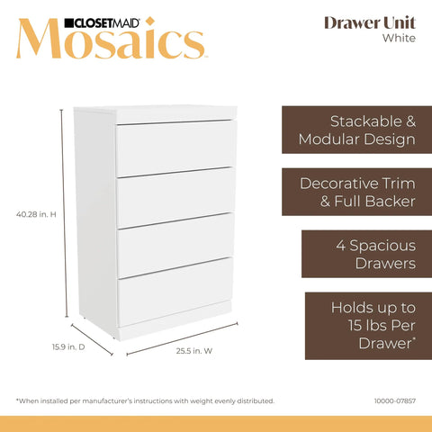 Slick White Modular Storage Organizer Kit With Adjustable Hanging Rods Roomy Shoe Cubbies Four Stackable Drawers Three Tier Shelving And Secure Door Cabinet For Hassle Free Home Organization, featuring a white drawer unit with four spacious drawers.