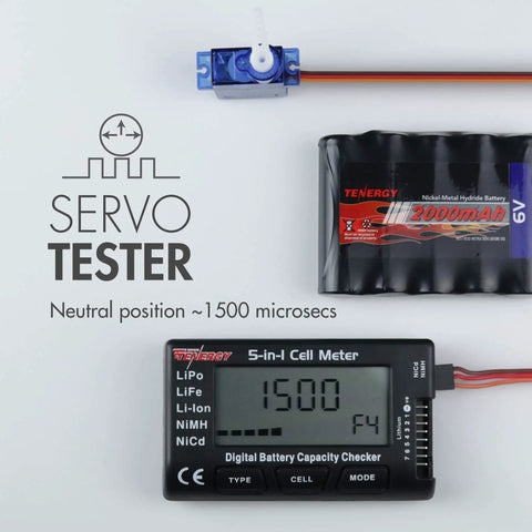 5 In 1 Battery Meter And Cell Checker with battery pack and servo tester for RC Cars Drones and Hobbyists.
