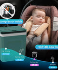 Tailgate Ready Portable Thermoelectric Car Cooler And Warmer 26 5 Quart Dual Temp Fridge For Truck RV Camper Party With 110V AC And 12V DC Power Army Green beside sleeping baby in car seat.