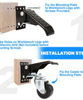 Installation steps for Badass Heavy Duty Workbench Casters Set Of Four with mounting plate and caster on wood.