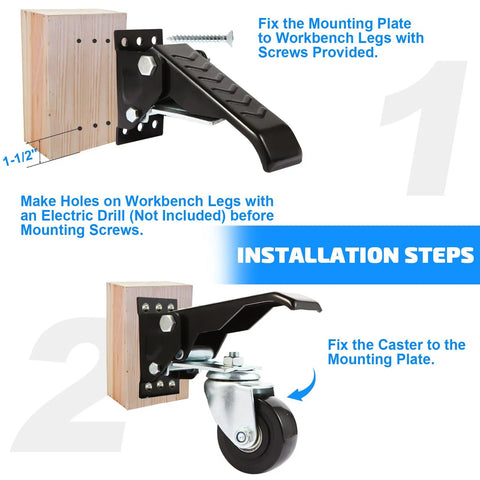 Installation steps for Badass Heavy Duty Workbench Casters Set Of Four with mounting plate and caster on wood.
